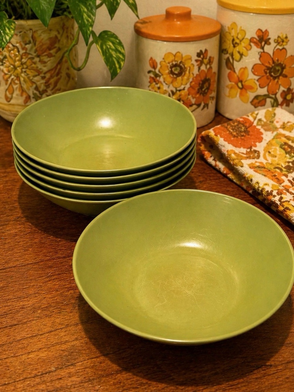 Vintage 1970s Green Melamine Bowls Set of 6 Retro Avocado Kitchenware 6”